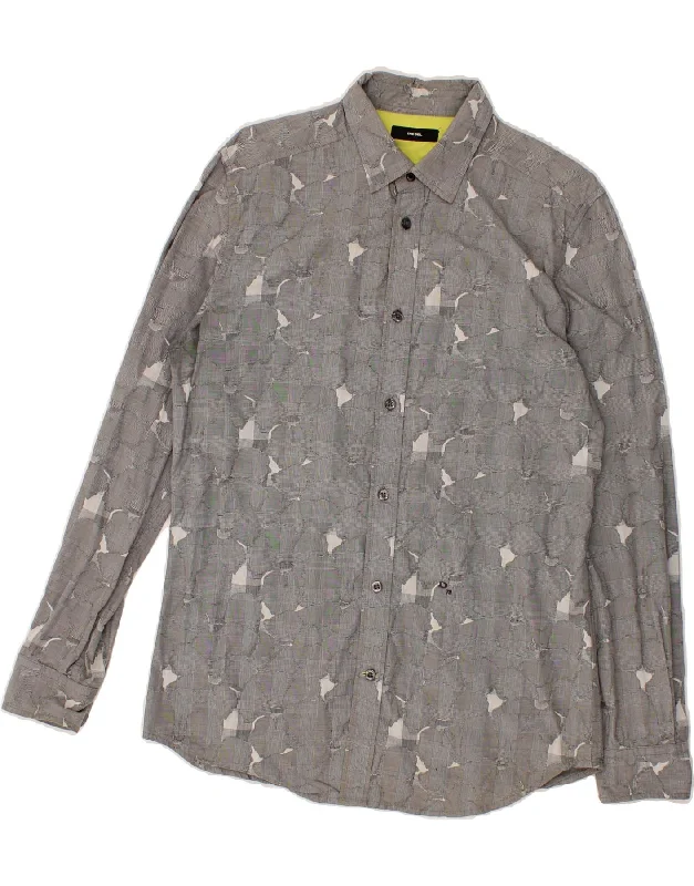 DIESEL Mens Abstract Pattern Shirt Medium Grey Cotton-- Welt Pockets Slit Pockets Flap Pockets
