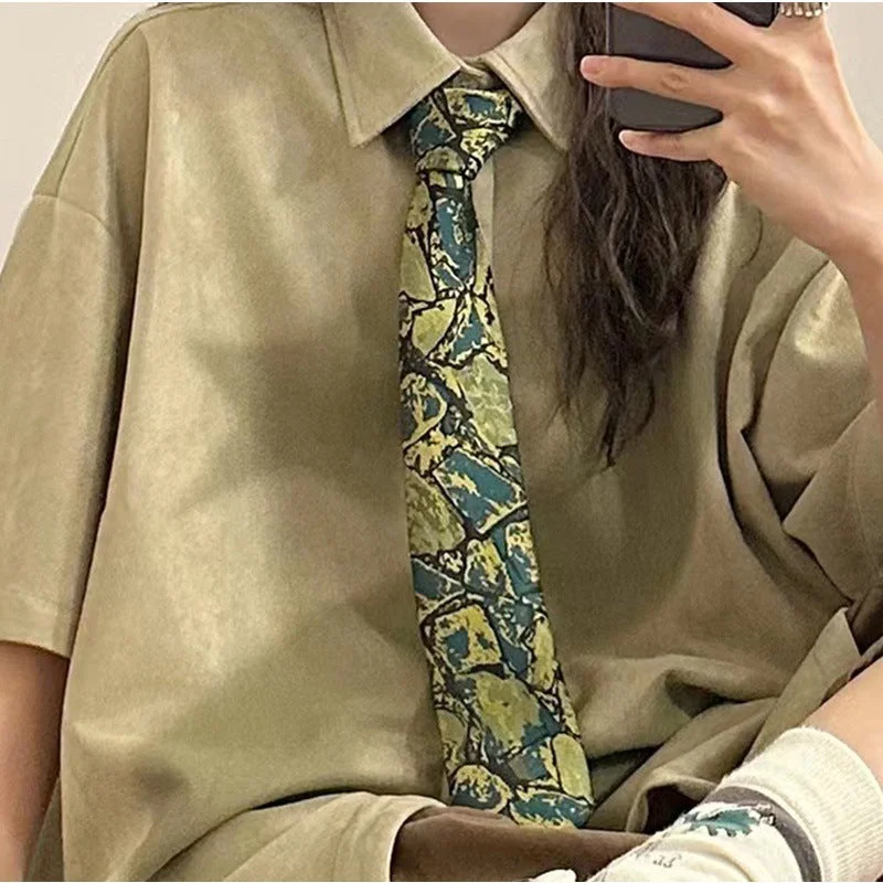 Wjczt hipster Coffee Striped Tie Women's Retro Contrast Color Green Hand Vintage Vintage Casual All-Match Brown Shirt Fashion-- Polka Dot Checkered Tartan