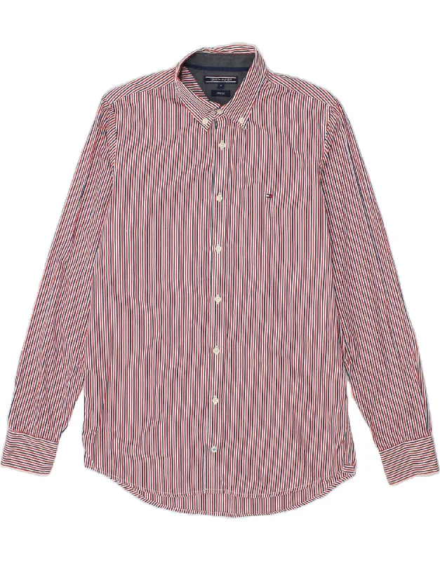TOMMY HILFIGER Mens Slim Fit Shirt Medium Red Striped Cotton-- Notch Collar Peter Pan Collar Cowl Neck