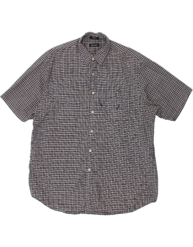 NAUTICA Mens Shirt XL Navy Blue Check Cotton-- Thin T-Shirt Open Front Quick Dry