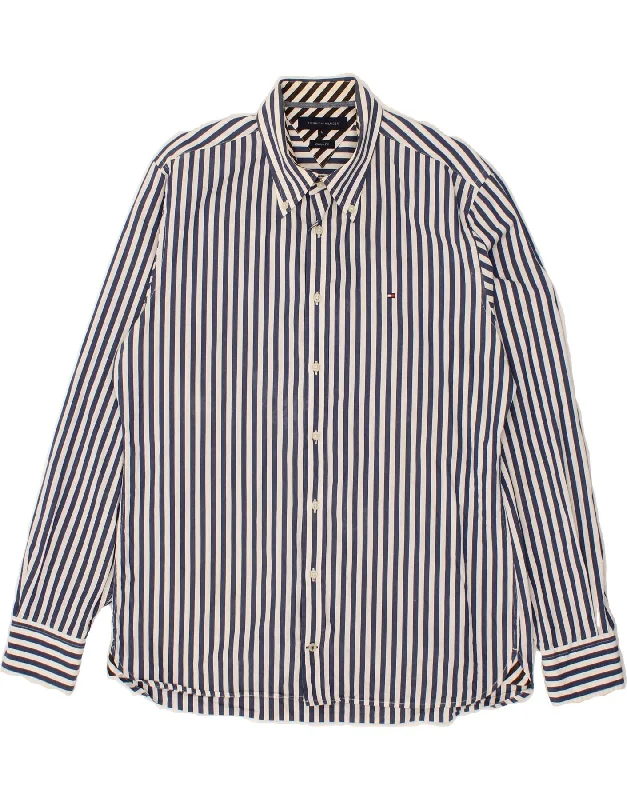 TOMMY HILFIGER Mens Custom Fit Shirt Large Navy Blue Striped Cotton-- Graphic Embroidered Appliqued