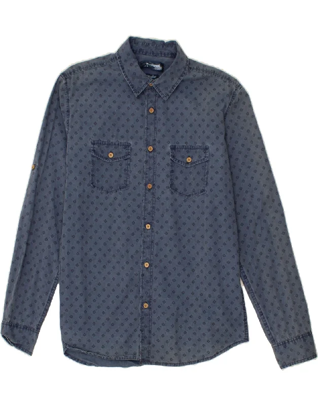 DESIGUAL Mens Abstract Pattern Shirt Large Navy Blue Cotton-- V-Neck T-Shirt Long Sleeve Cotton