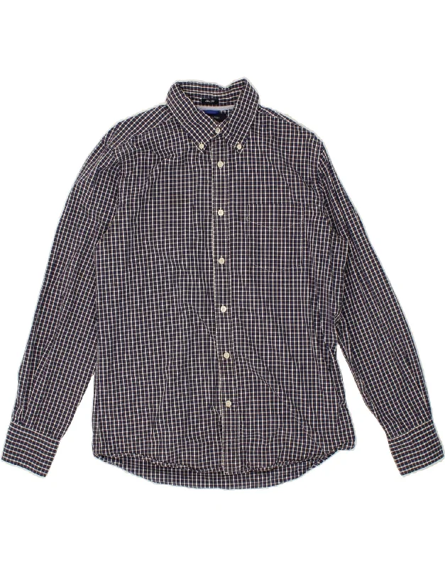 TOMMY HILFIGER Mens Slim Fit Shirt Medium Navy Blue Check Cotton-- Wool Fabric Cashmere Fabric Tweed Fabric