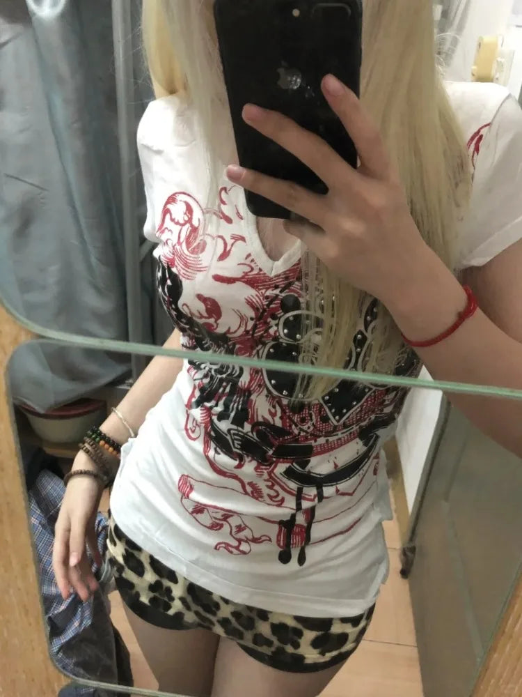 Wjczt Punk Harajuku Graphic Tshirts Women Japanese Style Y2k Vintage 2000s Aesthetic Grunge Top Gothic Short Sleeve Streetwear-- Rayon Velvet Corduroy