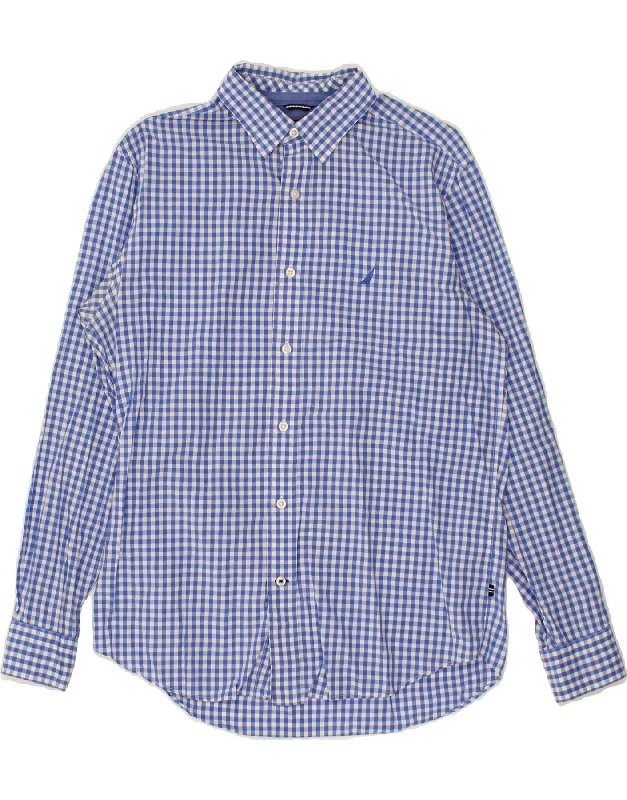NAUTICA Mens Shirt Medium Blue Gingham-- Nylon Fabric Polyester Fabric Spandex Fabric