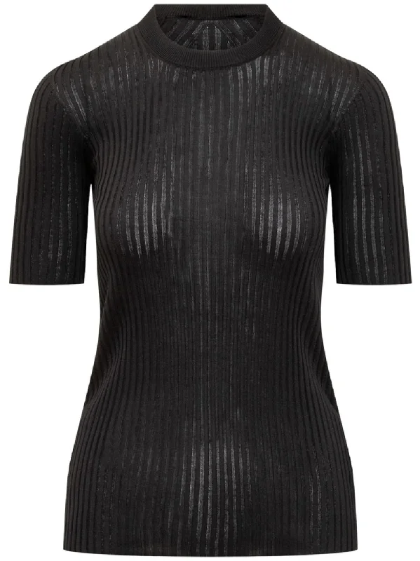 JIL SANDER - Women Ribbed Crewneck T-Shirt-- Denim Fabric Leather Fabric Suede Fabric JIL SANDER - Women Ribbed Crewneck T-Shirt-- Denim Fabric Leather Fabric Suede Fabric