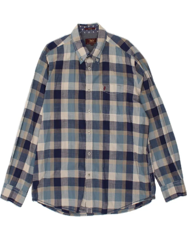 MARLBORO CLASSICS Mens Slim Fit Shirt 2XL Blue Check Cotton-- Notch Collar Peter Pan Collar Cowl Neck
