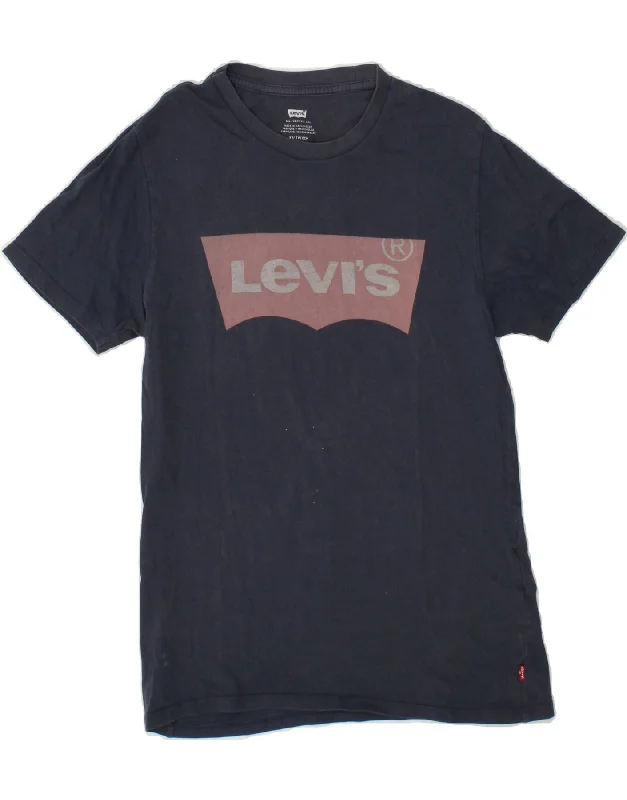 LEVI'S Womens Tall Graphic T-Shirt Top UK 6 XS Navy Blue-- Striped Floral Plaid