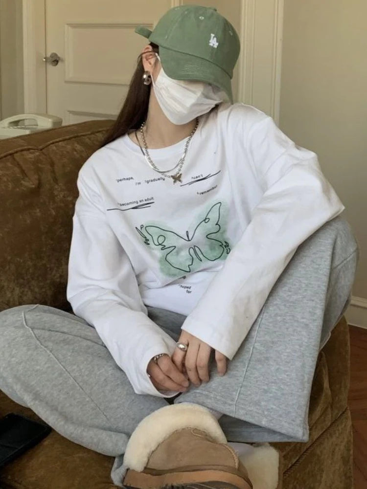 Wjczt Women T-shirts White Printed Casual Harajuku Fashion Long Sleeve Tees Oversized Korean Streetwear Female Tops All-match-- Mesh Canvas Denim