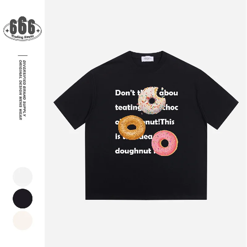 Wjczt shirt Cute Donut Printed Youth Short-Sleeved T-shirt Men and Women Couple Casual Loose round Neck T-shirt-- Collared Crew Neck Turtle Neck