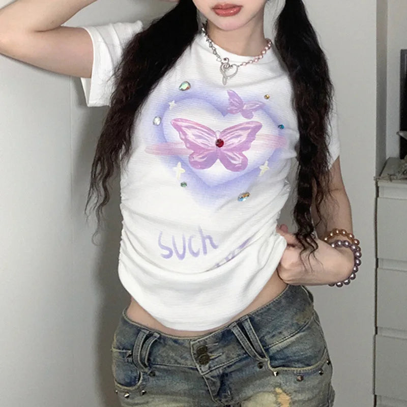 Wjczt Diamonds Butterfly Graphic Print T-shirt Harajuku Soft Girl Cute Top Casual Short Sleeve Folds Waist Tees Kawaii Tops T-shirt-- Fitted T-Shirt Seamless Stretchy