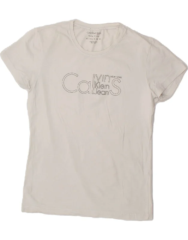 CALVIN KLEIN JEANS Womens Graphic T-Shirt Top UK 14 Large Off White Cotton-- Lace Blend Ribbed Blend Corduroy Blend