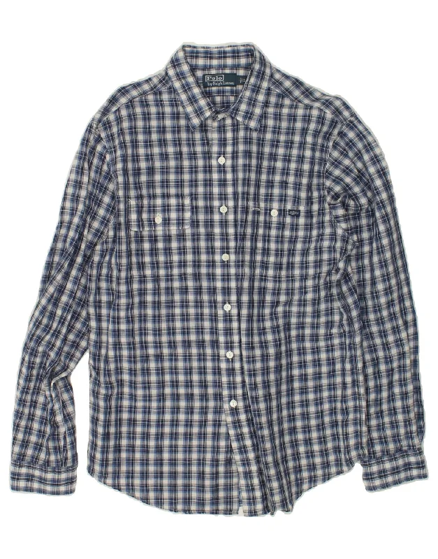 RALPH LAUREN Mens Shirt Large Navy Blue Check Linen-- Polka Dot Checkered Tartan