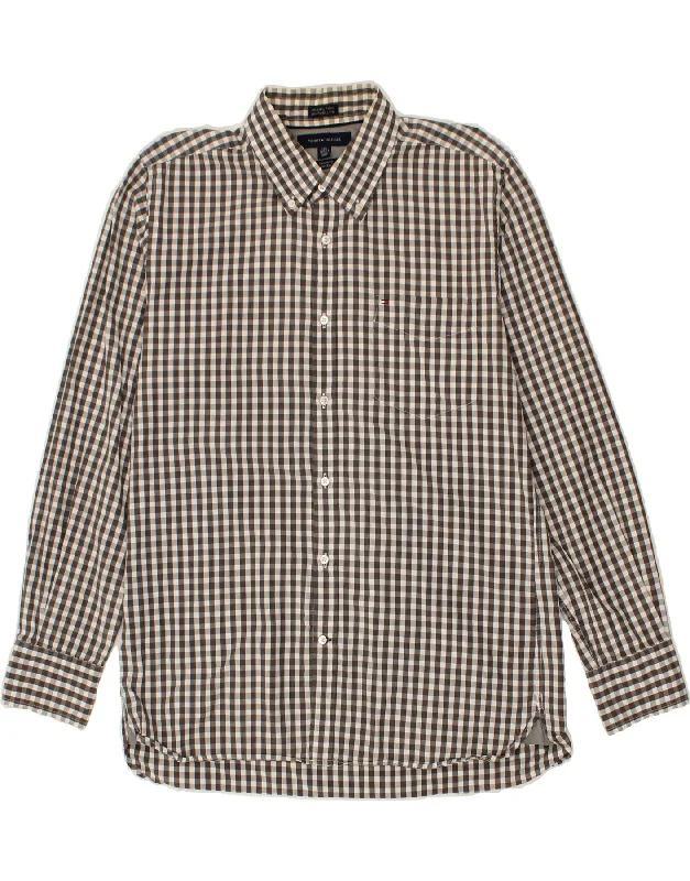 TOMMY HILFIGER Mens Custom Fit Shirt Size 16 1/2 Large Grey Gingham Cotton-- Zippered Front Buttoned Front Snap Front