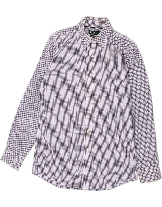 RALPH LAUREN Mens Fitted Shirt Size 15 1/2 39 Medium Blue Check Cotton -- Basic T-Shirt Crew Neck Short Sleeve