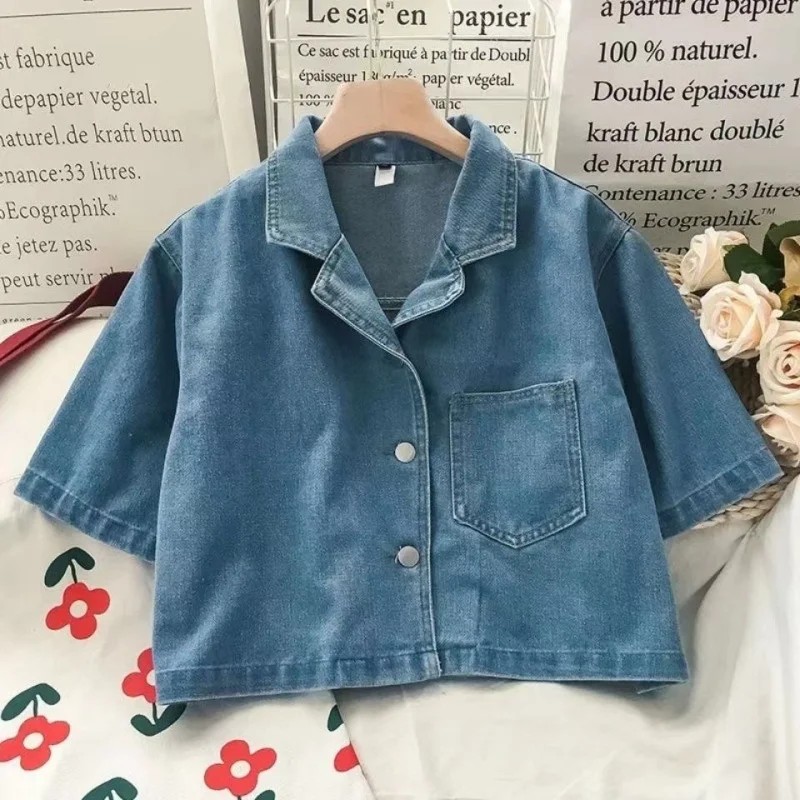 Women'S Retro Casual Short-Sleeved Lapel Loose Denim Shirt-- Embroidered Appliqued Beaded