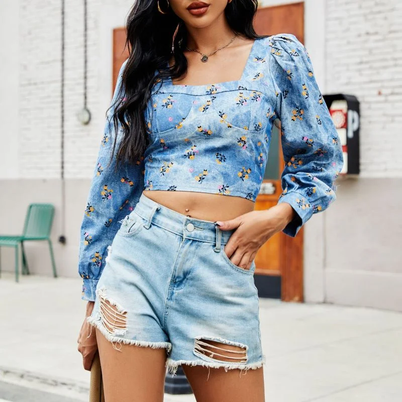 Women'S Fashion Puff Sleeve Tiny Flower Printing Square Neck Long Sleeve Denim Shirt-- Sequined Glittery Shiny