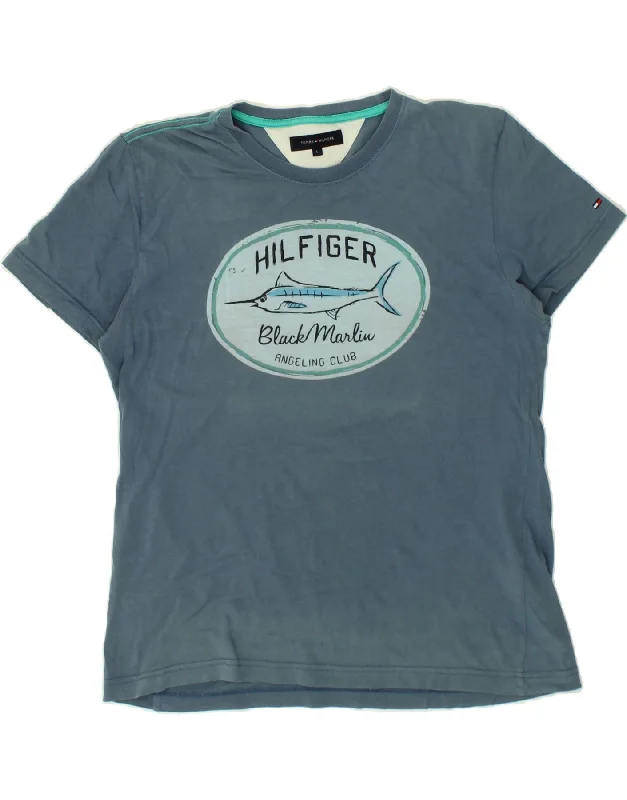 TOMMY HILFIGER Mens Graphic T-Shirt Top Large Blue Cotton-- Mesh Blend Leather Blend Suede Blend