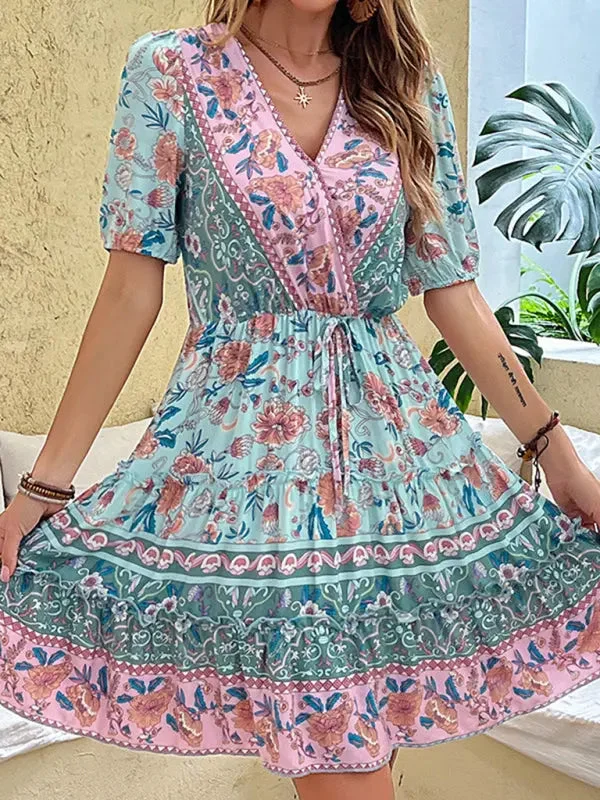Blue Zone Planet |  Mia's V-Neck Floral A-Line Bohemian Ethnic Print Mini Dress Cozy T-Shirt Mini Dress
