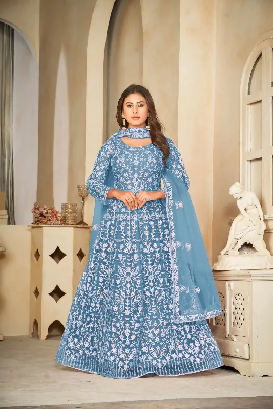 Jyoti Fashion Women's Sky Blue Net Embroidered Anarkali Kurta Pant Set With Dupatta Elegant Palazzo Trousers