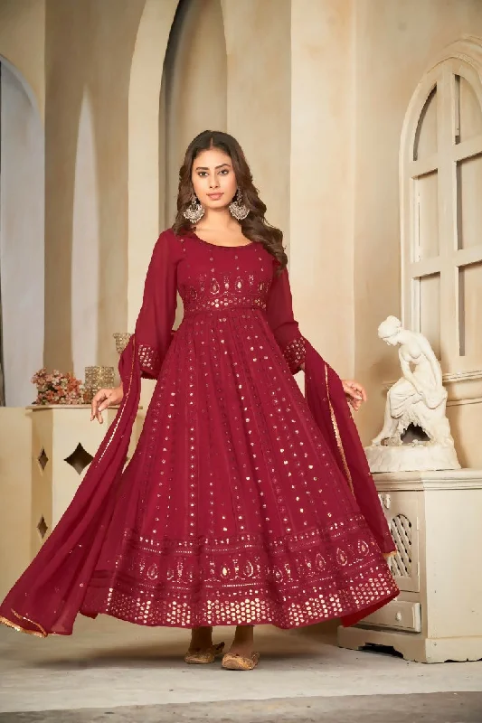 Jyoti Fashion Women's Maroon Georgette Embroidered Anarkali Kurta Pant Set With Dupatta Lightweight Linen Pants