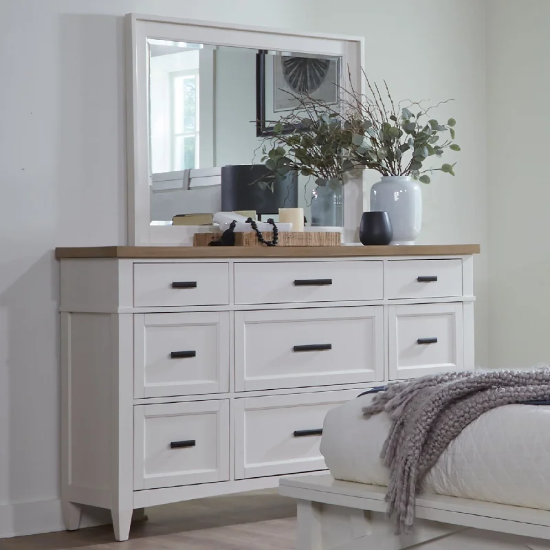 Americana Modern Bedroom - 9 Drawer Dresser And Mirror - Light Brown Tunics Versatile functional