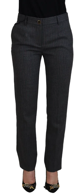 Dolce & Gabbana Elegant Gray Striped Tapered Women's Pants Formal Dress Pants