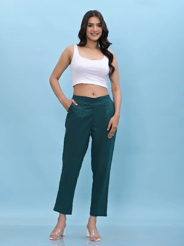 Juniper Women's Green Solid Cotton Pants with Partially Elasticated Waistband and Two Side Pockets Formal Slim Pants
