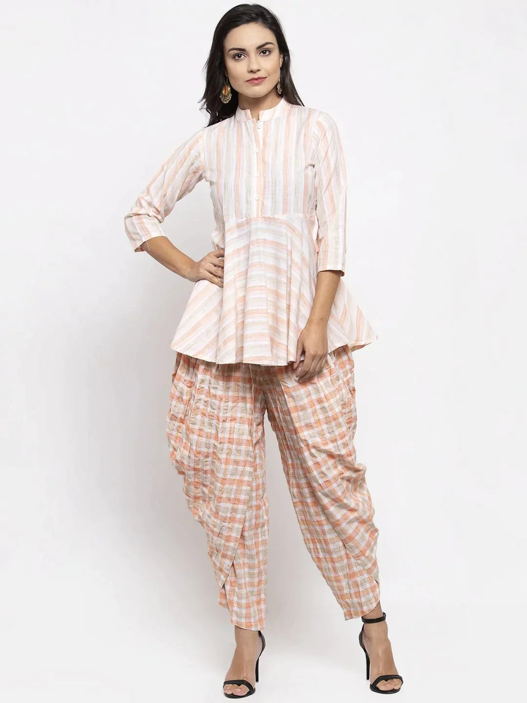 Women Orange And White Striped Kurta With Dhoti Pants - Rasiya Lightweight Linen Pants