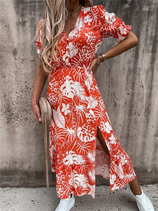 Floral Print Short Sleeve V-Neck Dress Tunic Top Casual