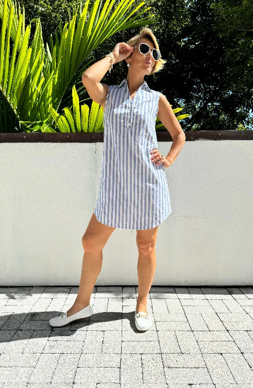Ladies Striped Short Sleeve Mini Dress in Blue and White in Size Small Casual V-Neck Mini Dress
