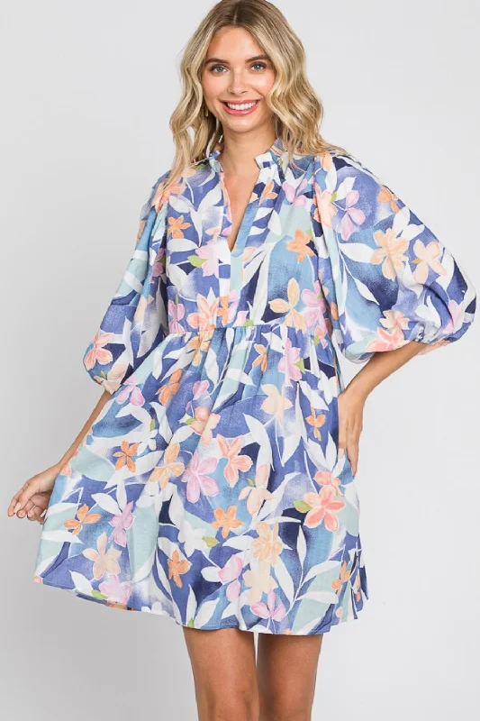 Blue Zone Planet |  GeeGee Floral Print Mini Dress Cozy Cotton Mini Dress