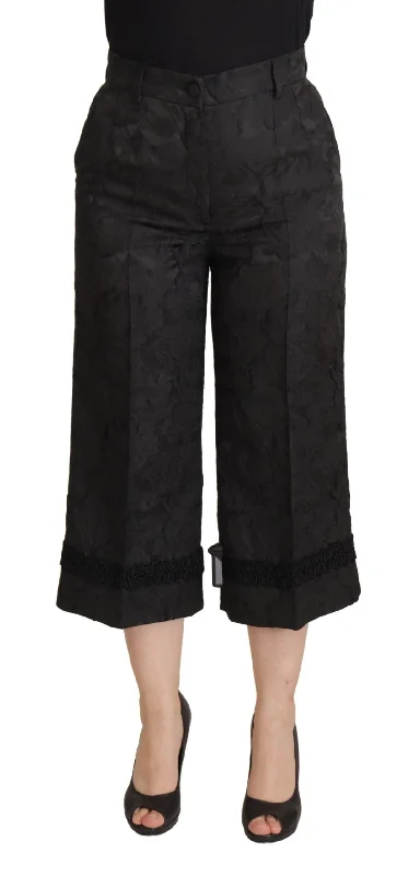 Dolce & Gabbana Elegant Black Brocade Cropped Women's Pants Comfy Zip-Up Pants