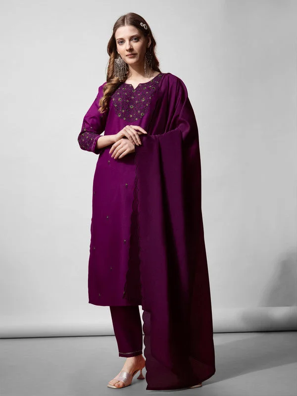 Malishka Women's Purple Embroidered Cotton Blend Kurta Pant Set With Dupatta Slim-Fit Khaki Pants