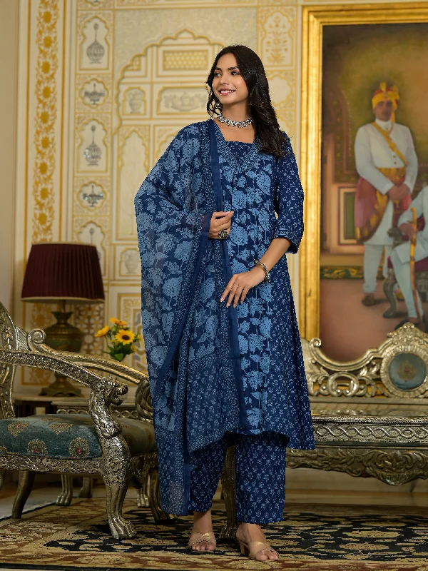 Indian Fashion Women Blue Printed Kurta, Pant And Dupatta Set Cozy Maternity Pants