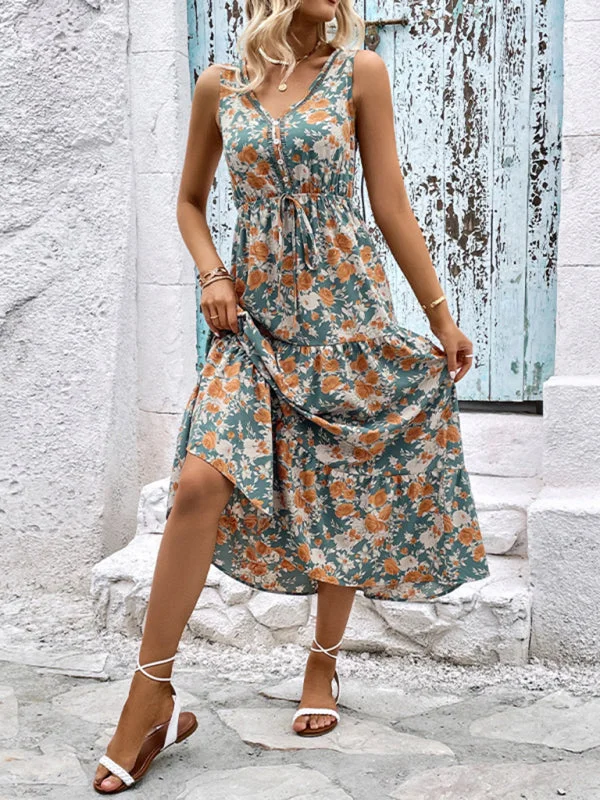 Blue Zone Planet |  Ladies Button Sleeveless Floral Print Dress Tunics Summer linen