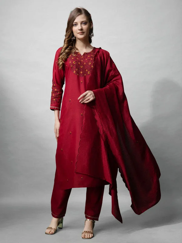 Malishka Women's Maroon Embroidered Cotton Blend Kurta Pant Set With Dupatta Casual Wide Pants