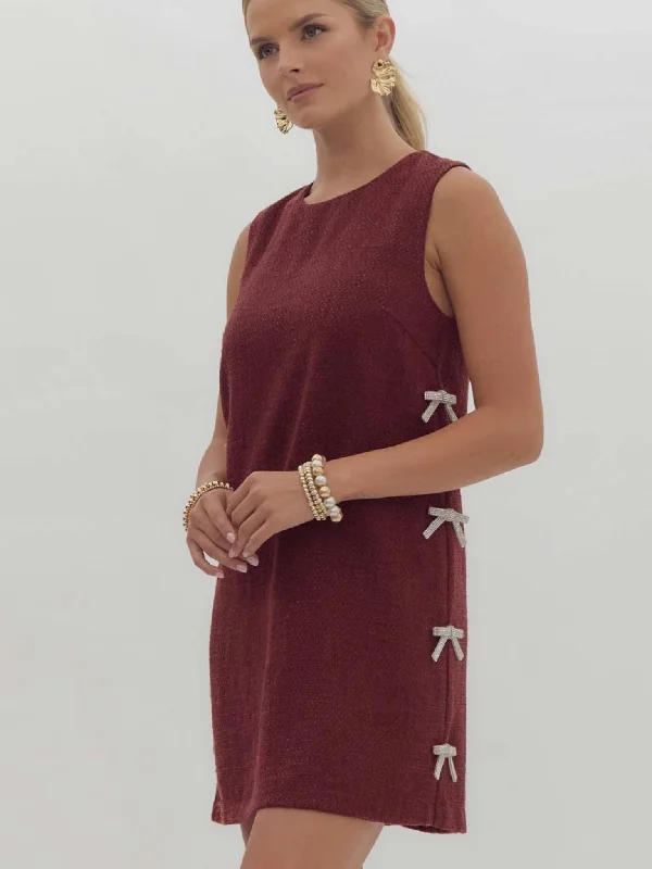 Textured Embellished Bow Mini Dress Fashionable Mini Dress with Pockets