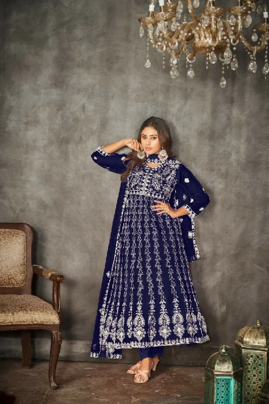 Jyoti Fashion Women's Blue Net Embroidered Anarkali Kurta Pant Set With Dupatta Soft Stretch Pants