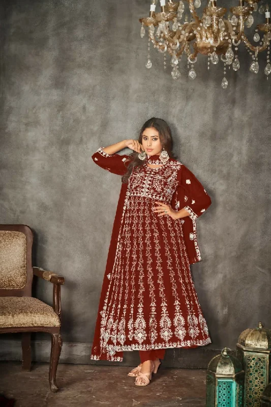 Jyoti Fashion Women's Maroon Net Embroidered Anarkali Kurta Pant Set With Dupatta Warm Wool Trousers