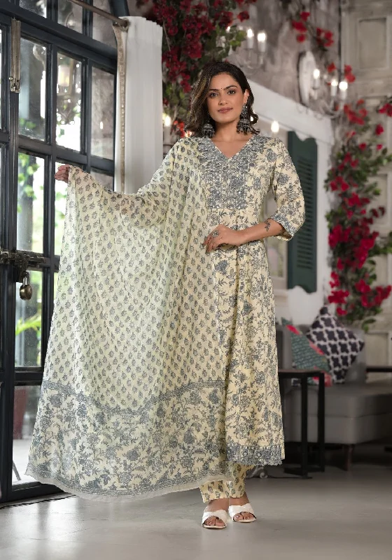 Juniper Women's Grey Floral Printed Rayon Kurta, Pant And Dupatta Set With Mirror & Thread Work Chic Checkered Pants
