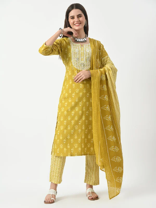 Mustard Printed and Embroidered Kurta Pant With Dupatta Set - Rasiya Trendy Tapered Pants Mustard Printed and Embroidered Kurta Pant With Dupatta Set - Rasiya Trendy Tapered Pants