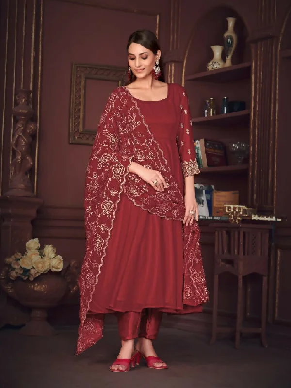 Jyoti Fashion Women's Maroon Georgette Embroidered Anarkali Kurta Pant Set With Dupatta Comfortable Maternity Pants