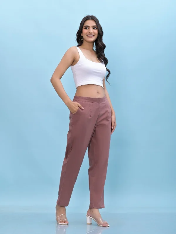 Juniper Women's Mauve Solid Cotton Pants with Partially Elasticated Waistband and Two Side Pockets Chic Wool Trousers