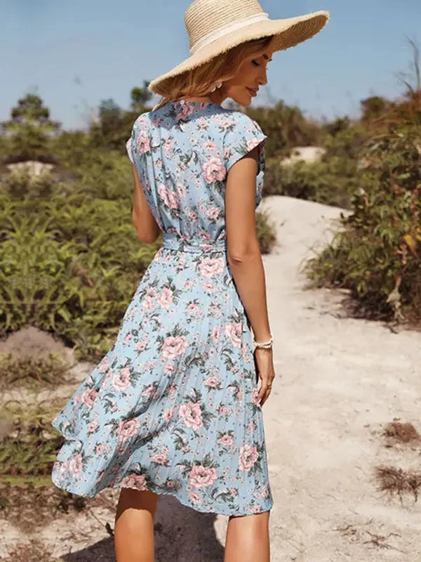 Summer blue flower print holiday short sleeve mini dress Comfortable One-Shoulder Mini Dress