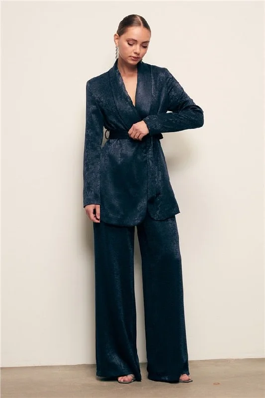 Jacquard Wide Leg Pants - Navy Blue Formal Slim Pants