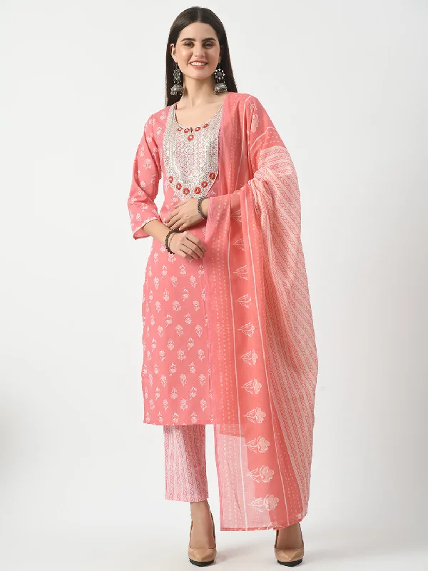 Pink Printed and Embroidered Kurta Pant With Dupatta Set - Rasiya Casual Wide Pants