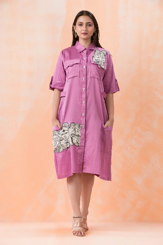 Purple Cotton Satin Patch Derailed Print Mini Dress Fashionable Pleated Mini Dress