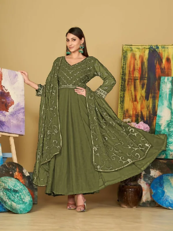 Jyoti Fashion Women's Olive Green Georgette Embroidered Anarkali Kurta Pant Set With Dupatta Formal Dress Pants