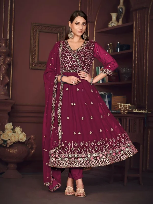 Jyoti Fashion Women's Rani Pink Georgette Embroidered Anarkali Kurta Pant Set With Dupatta Trendy High-Waist Trousers